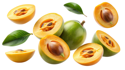 Delicious whole and sliced lucuma fruit with green leaves