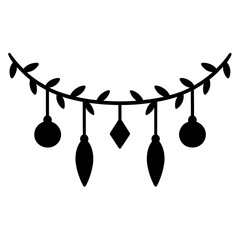 Elegant black silhouette garland vector with leaves, baubles, icicles, and diamond ornaments, subtle shadow on gray. Perfect for holiday decor, Christmas, New Year, festive events, invitations, web