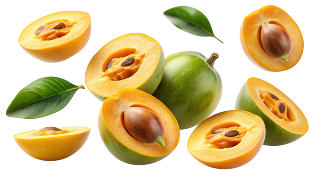 Delicious whole and sliced lucuma fruit with green leaves