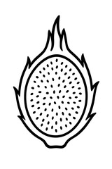 Monochrome illustration of a perfectly halved dragon fruit, showcasing its pristine white flesh and numerous black seeds against a dark gradient background.