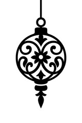 Ornate black holiday ornament, featuring intricate scrollwork and a brilliant white central highlight, suspended against a dark gradient.