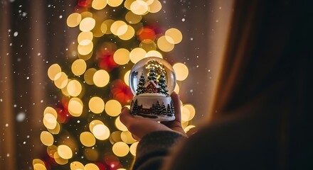 Person holding a festive snow globe in front of a glowing Christmas tree with bokeh lights.