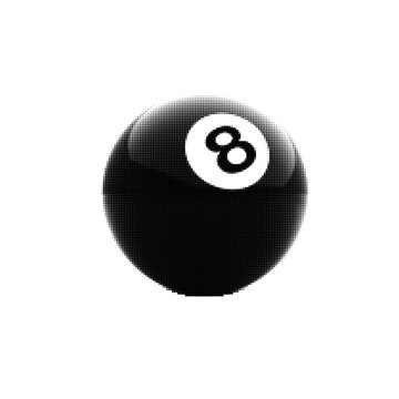 Halftone illustration of a classic black billiard 8 ball. Minimal monochrome design symbolizing luck, game, prediction and retro style.