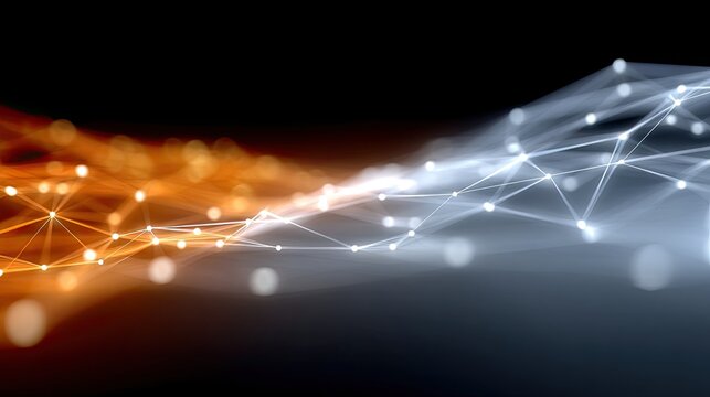 An abstract digital network of glowing lines and nodes, transitioning from warm orange on the left to cool blue on the right, set against a dark background.
