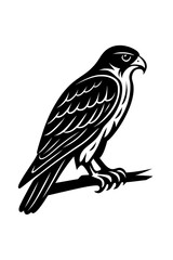 Striking black and white stylized illustration of a majestic falcon or hawk perched with powerful presence, featuring sharp details and a minimalist graphic design, ideal for iconic logos, emblems