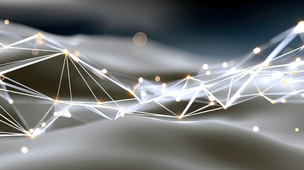 An abstract digital visualization of interconnected nodes and lines, resembling a network or constellation, with glowing golden points and white lines against a