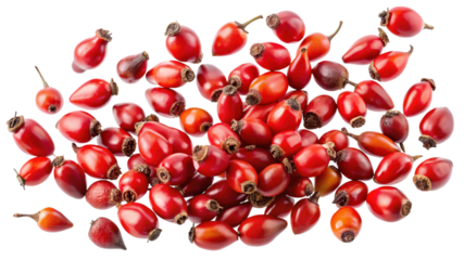 Pile of fresh ripe red rose hips on a white background cutout