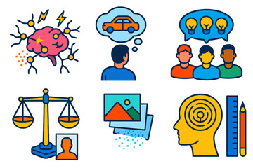 Brain Memory Icons. Isometric vector illustration set Philosophy of memory: brain neurons firing, event recall icons, group memory