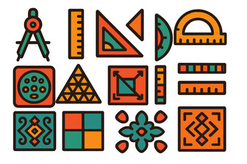 Indigenous Geometry Icons. Flat vector icons of measurement and geometry in indigenous cultures: compass icon, ruler, angle