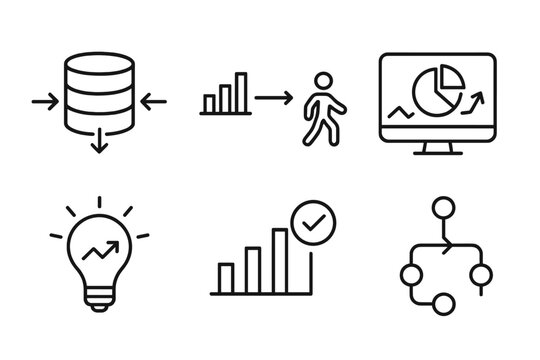 Data Decision Icons. Line style icons of Data-Driven Decision Making: database with arrows, data to action flow, analytics screen,