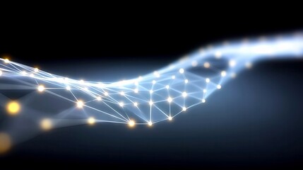 An abstract digital visualization of a network structure with interconnected glowing nodes and lines, set against a dark, blurred background. The lighting is so