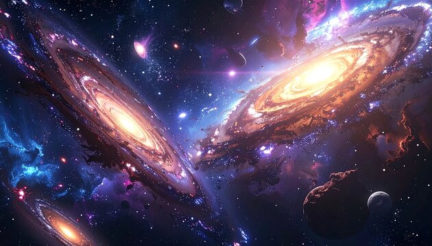 Colorful cosmic illustration showcasing multiple galaxies with swirling nebulae and celestial bodies in deep space - Powered by Adobe