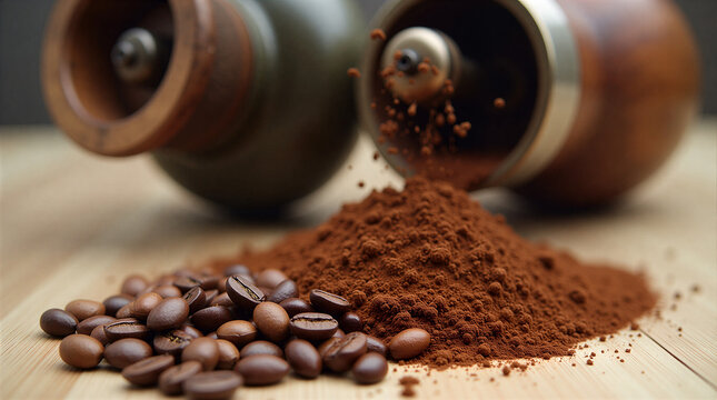 a close-up of fresh coffee beans falling into the hopper of a classic manual coffee grinder. A pile of finely ground coffee powder is beside it, showing detailed texture.