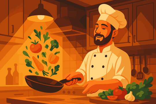 Chef's Dynamic Kitchen. Atmospheric kitchen with a chef tossing fresh vegetables in a skillet, illuminated by warm vector