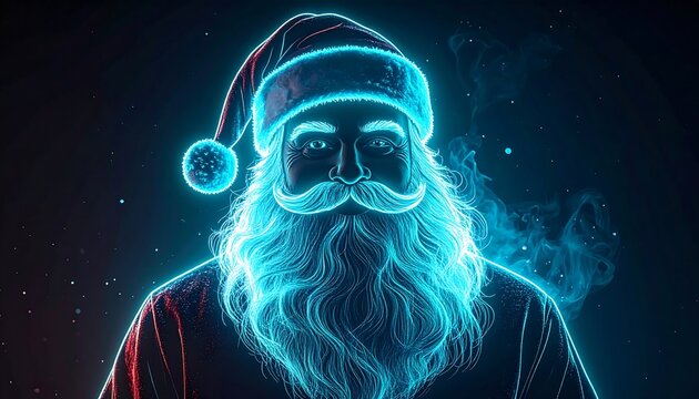 Neon Santa blue-lit face with flowing beard and hat against a dark, atmospheric background with subtle red hues