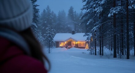 A person in a winter hat looks towards a cozy, illuminated wooden cabin nestled in a snowy forest at dusk.