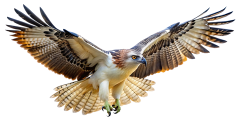 Powerful raptor with broad wings soaring, isolated on air.