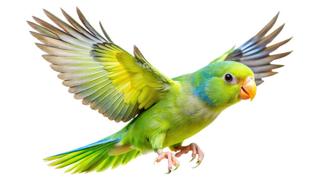 Green parrot in flight with wings spread, isolated animal.