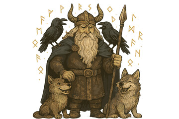 Obraz premium Odin's Mystical Companions. Odin with two cheerful ravens whispering secrets, wolves smiling at his feet, and runes floating in