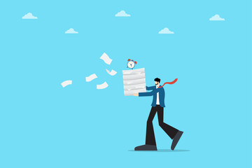 business illustration showing deadline pressure and workload management. professional carries a stack of documents with an alarm clock symbolizing urgency, productivity, and time control.