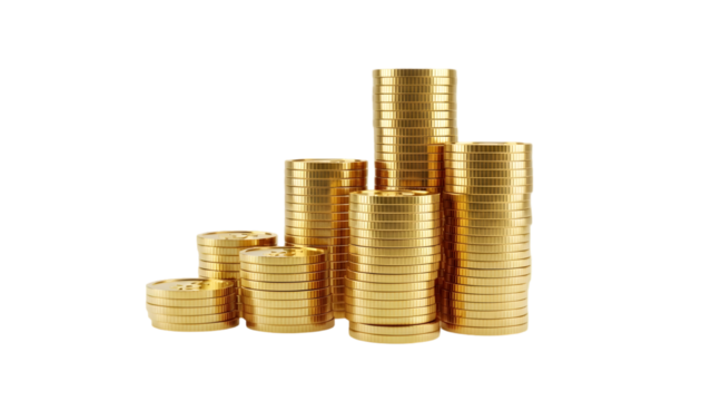 3D bar graph with stacks of gold coins on each bar, white background, isolated PNG, financial investment concept, premium stock design, high-detail, modern corporate visualization