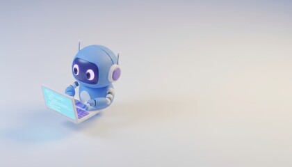 Minimalist 3D illustration of a cute blue robot character typing code on a floating laptop. Concept of artificial intelligence programming, machine learning, web development and automation.