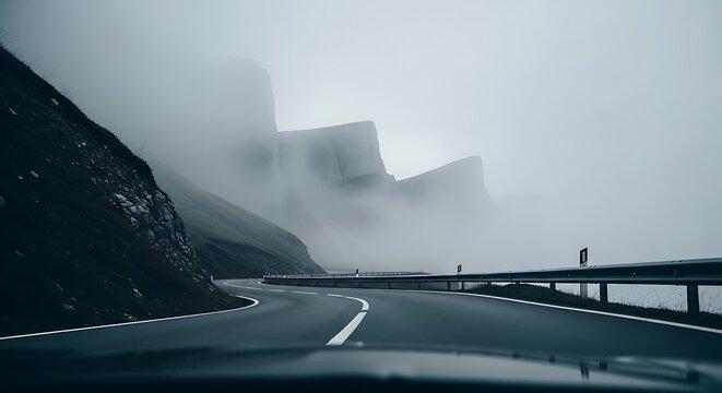 View from a car driving on a winding mountain pass road shrouded in thick fog.