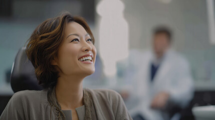 Smiling woman with short hair sitting chair medical office with doctor blurred background, expressing happiness and comfort