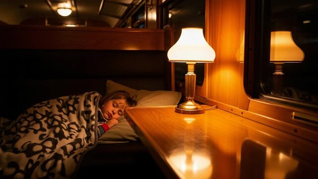 Child sleeping comfortably in a cozy train compartment at night with a warm lamp