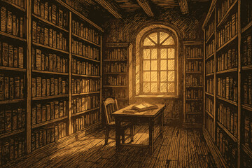 Vintage Library Glow. Atmospheric library with shelves of vintage vector illustration books illuminated by warm golden light,