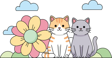 Obraz premium Cute Cats and a Big Flower