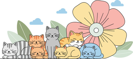 Cute Cats Napping with a Flower