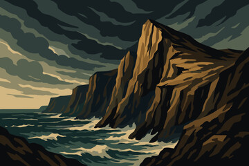 Stormy Cliffside Adventure. Dramatic ocean cliffside vector illustration under a moody stormy sky, rugged natural tones and sharp