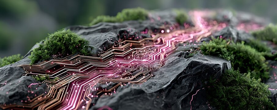 Greenish black stone mockup with neon pink circuit lines pulsing like heartbeats