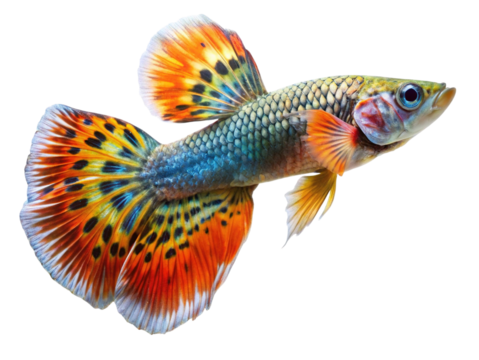 Vibrant male guppy fish with colorful fanned tail and fins