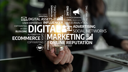 A visual representation of digital marketing concepts featuring a light bulb, symbolizing...