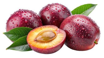 Fresh red plums with water drops and green leaves, cut plum