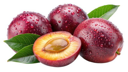 Fresh red plums with water drops and green leaves, cut plum