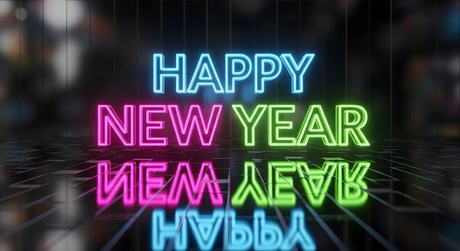 Happy new year neon sign glowing with vibrant colors on a dark background