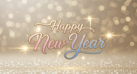 Sparkling happy new year wishes with golden bokeh lights background design