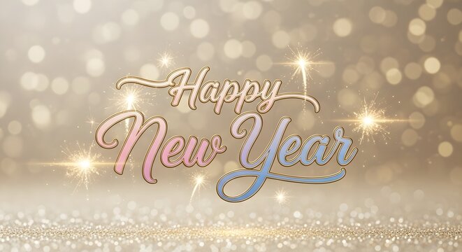 Sparkling happy new year wishes with golden bokeh lights background design