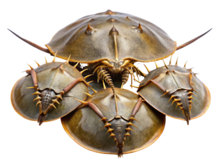 Ancient marine horseshoe crabs mating, unique coastal creatures.