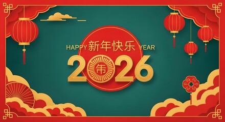 Happy chinese new year 2026 background with lanterns and festive decorations