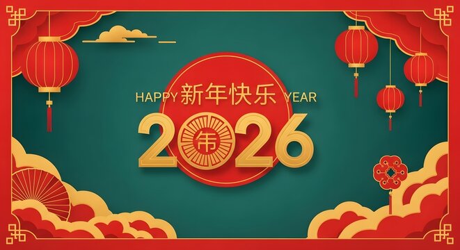 Happy chinese new year 2026 background with lanterns and festive decorations