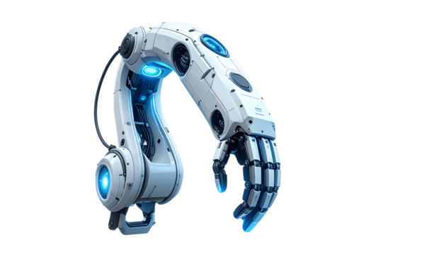 Futuristic Robotic Arm with Glowing Blue Lights isolated on solid white background3 - Powered by Adobe
