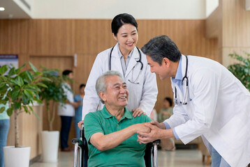 Obraz premium Senior male doctor shaking hands with elderly patient in wheelchair