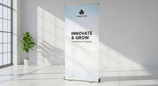Pull up banner stands in a bright room with a plant and a window with sunlight