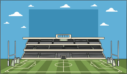 Vector illustration of a large, empty sports stadium with a green pitch, spectator grandstands, and goal posts under a blue sky