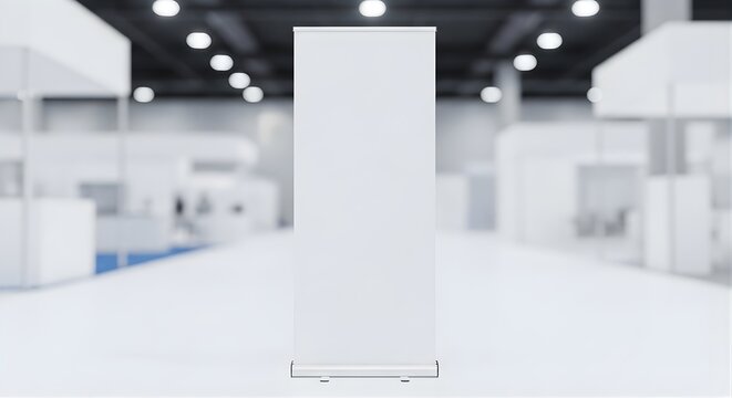 A blank white retractable banner stand in a blurred trade show exhibition hall setting