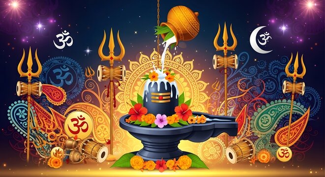 Lord shiva lingam with decorative elements for hindu festival shivaratri